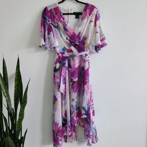 DKNY Women's Floral-Print Balloon-Sleeve Tie-Waist V-Neck Dress Size 6